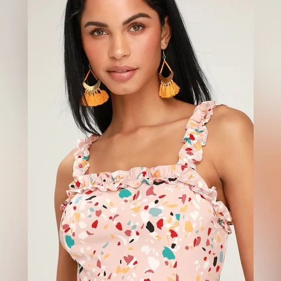 NWT Lulus Lost + Wander Santa Rosa Printed Ruffled Dress Blush Pink L Large - Picture 2 of 10